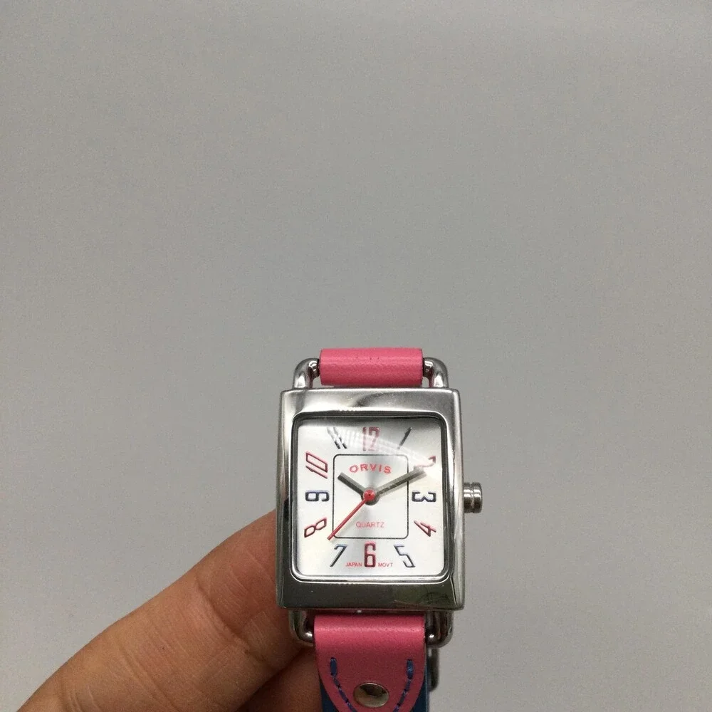 Orvis Womens Watch 21mm Silver Tone Rectangle Pink Blue Leather New Battery